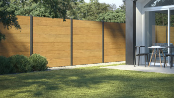 planeo Gardence PVC plug-in fence - Natural Oak incl. design insert of your choice 180 x 180 cm
